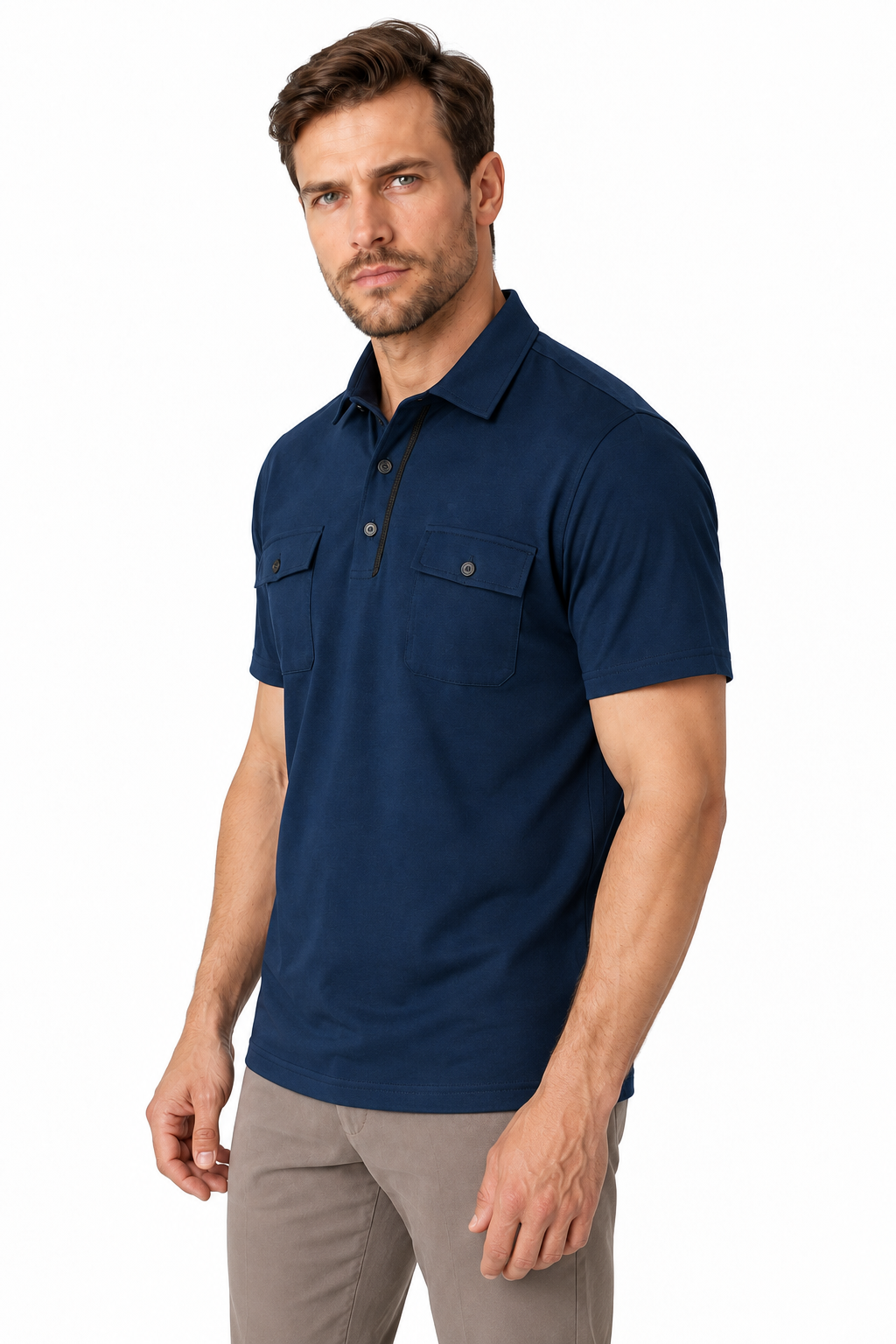 Ventorino Men's Polo Shirt Utility Pocket Casual Fit | Ventorino in Navy Blue — model three-quarter view