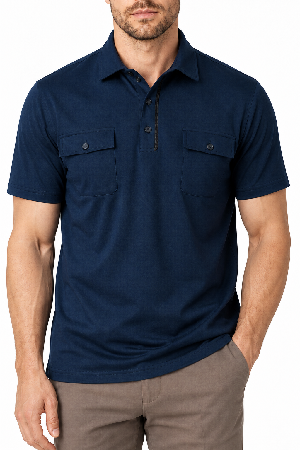 Ventorino Men's Polo Shirt Utility Pocket Casual Fit | Ventorino in Navy Blue — garment and fabric detail
