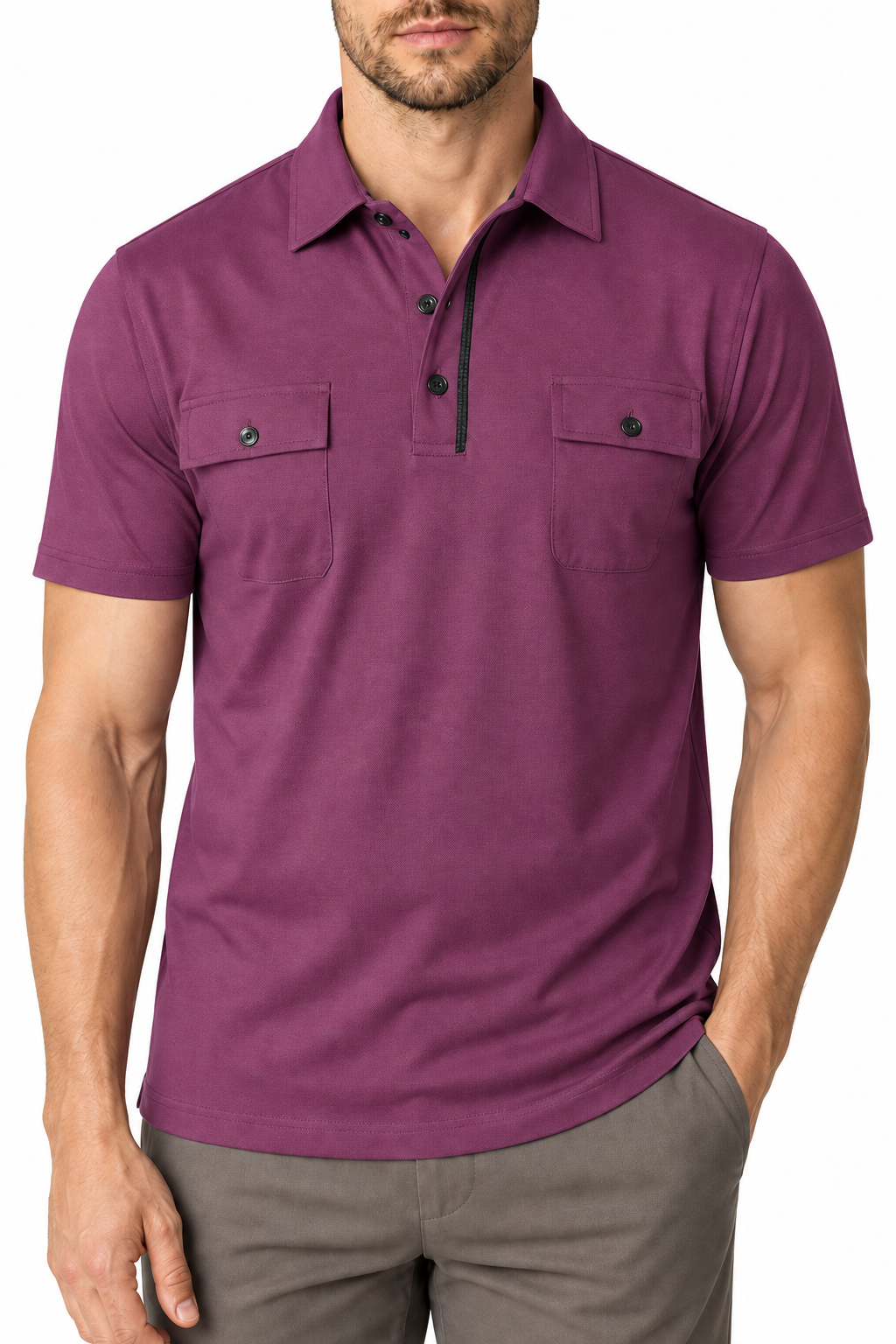 Ventorino Men's Polo Shirt Utility Pocket Casual Fit | Ventorino in Purplish Red — garment and fabric detail