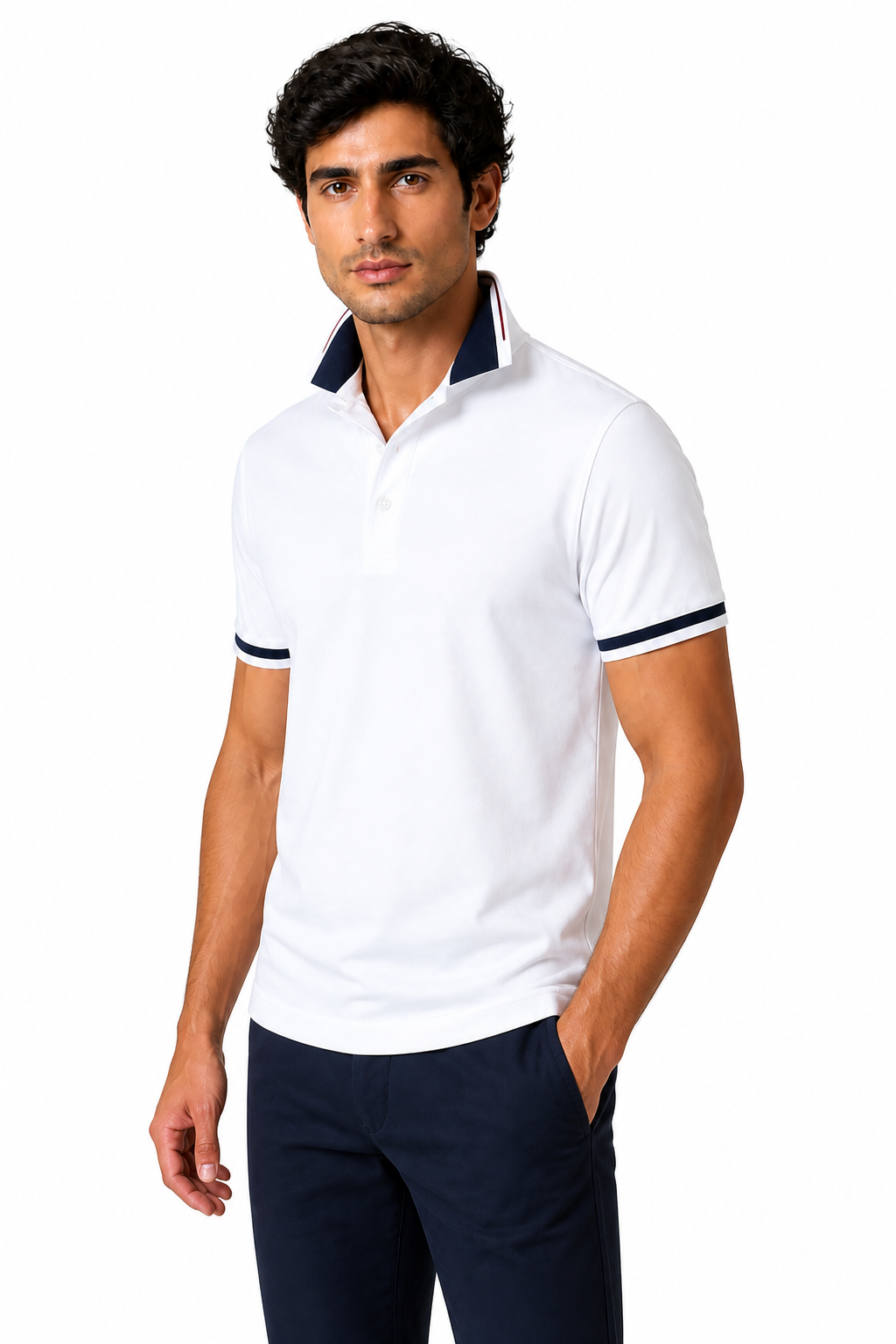 Ventorino Men's Polo Shirt Contrast Trim Refined Fit | Ventorino in White — model three-quarter view