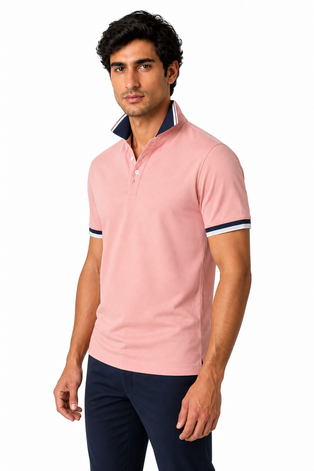 Ventorino Men's Polo Shirt Contrast Trim Refined Fit | Ventorino in Pink — model three-quarter view