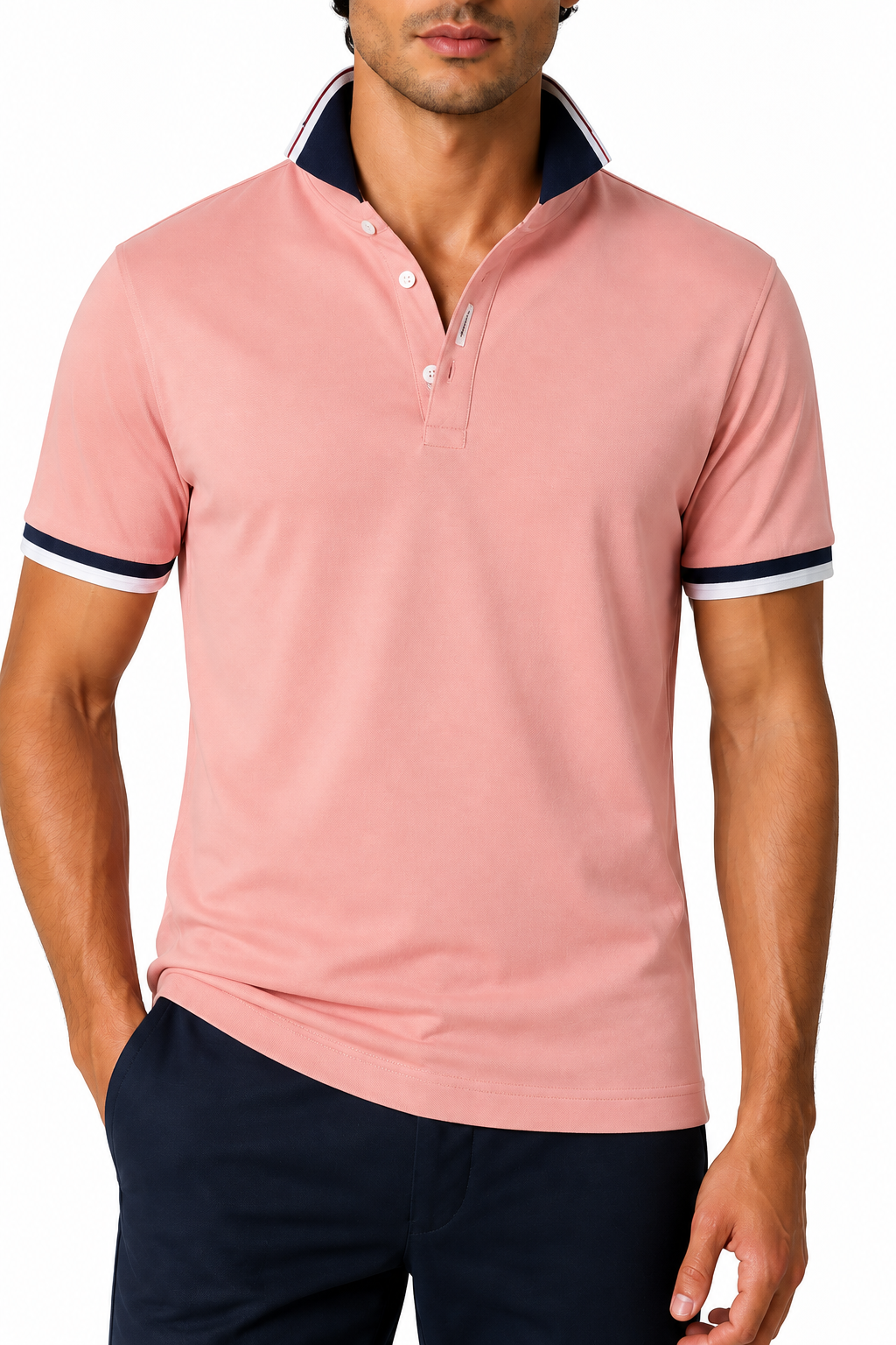 Ventorino Men's Polo Shirt Contrast Trim Refined Fit | Ventorino in Pink — garment and fabric detail