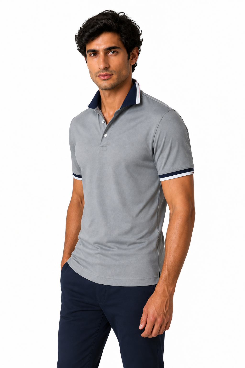 Ventorino Men's Polo Shirt Contrast Trim Refined Fit | Ventorino in Grey — model three-quarter view