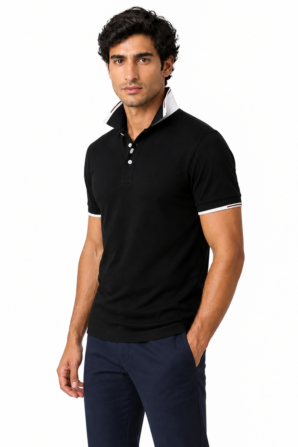 Ventorino Men's Polo Shirt Contrast Trim Refined Fit | Ventorino in Black — model three-quarter view