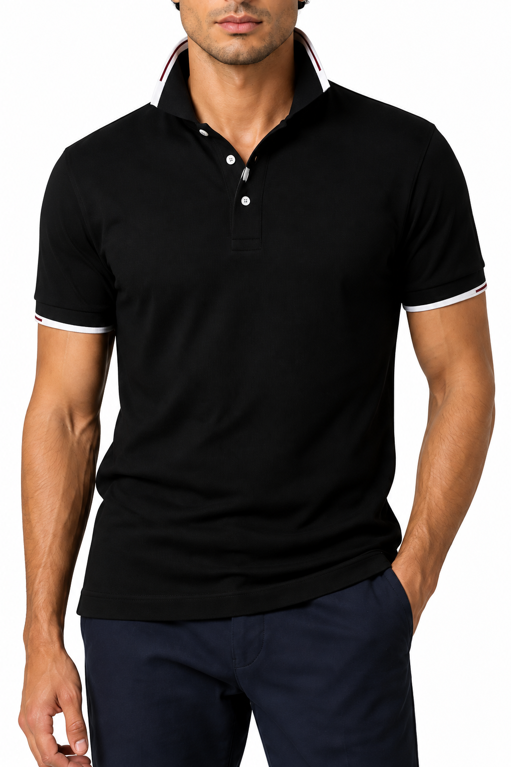 Ventorino Men's Polo Shirt Contrast Trim Refined Fit | Ventorino in Black — garment and fabric detail