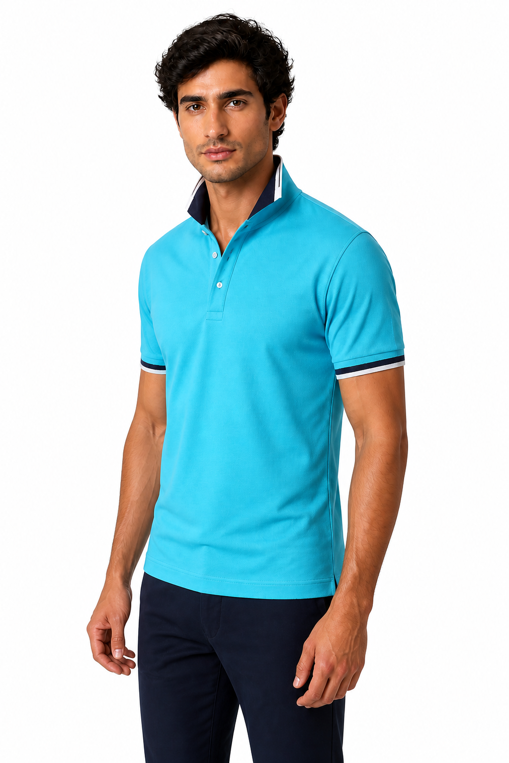 Ventorino Men's Polo Shirt Contrast Trim Refined Fit | Ventorino in Blue — model three-quarter view