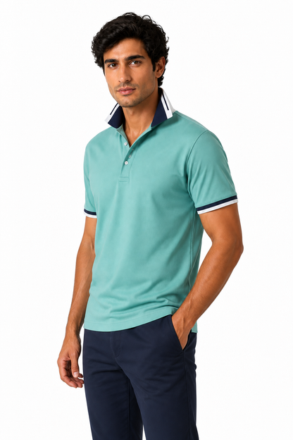 Ventorino Men's Polo Shirt Contrast Trim Refined Fit | Ventorino in Green — model three-quarter view