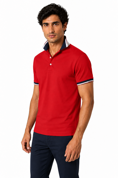 Ventorino Men's Polo Shirt Contrast Trim Refined Fit | Ventorino in Red — model three-quarter view