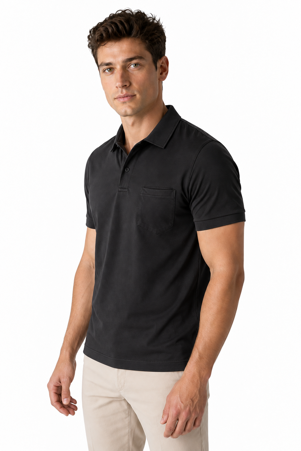 Ventorino Men's Polo Shirt Chest Pocket Sleek Fit | Ventorino in Black — model three-quarter view