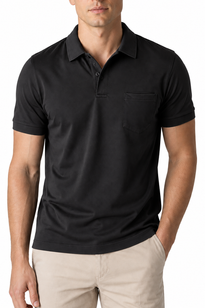 Ventorino Men's Polo Shirt Chest Pocket Sleek Fit | Ventorino in Black — garment and fabric detail