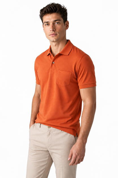 Ventorino Men's Polo Shirt Chest Pocket Sleek Fit | Ventorino in Orange — model three-quarter view