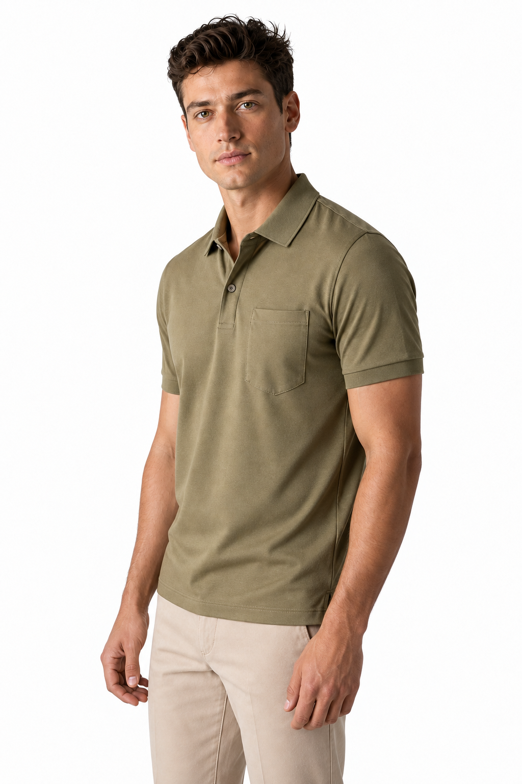 Ventorino Men's Polo Shirt Chest Pocket Sleek Fit | Ventorino in Army Green — model three-quarter view