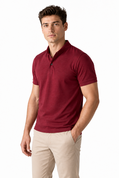 Ventorino Men's Polo Shirt Chest Pocket Sleek Fit | Ventorino in Wine Red — model three-quarter view
