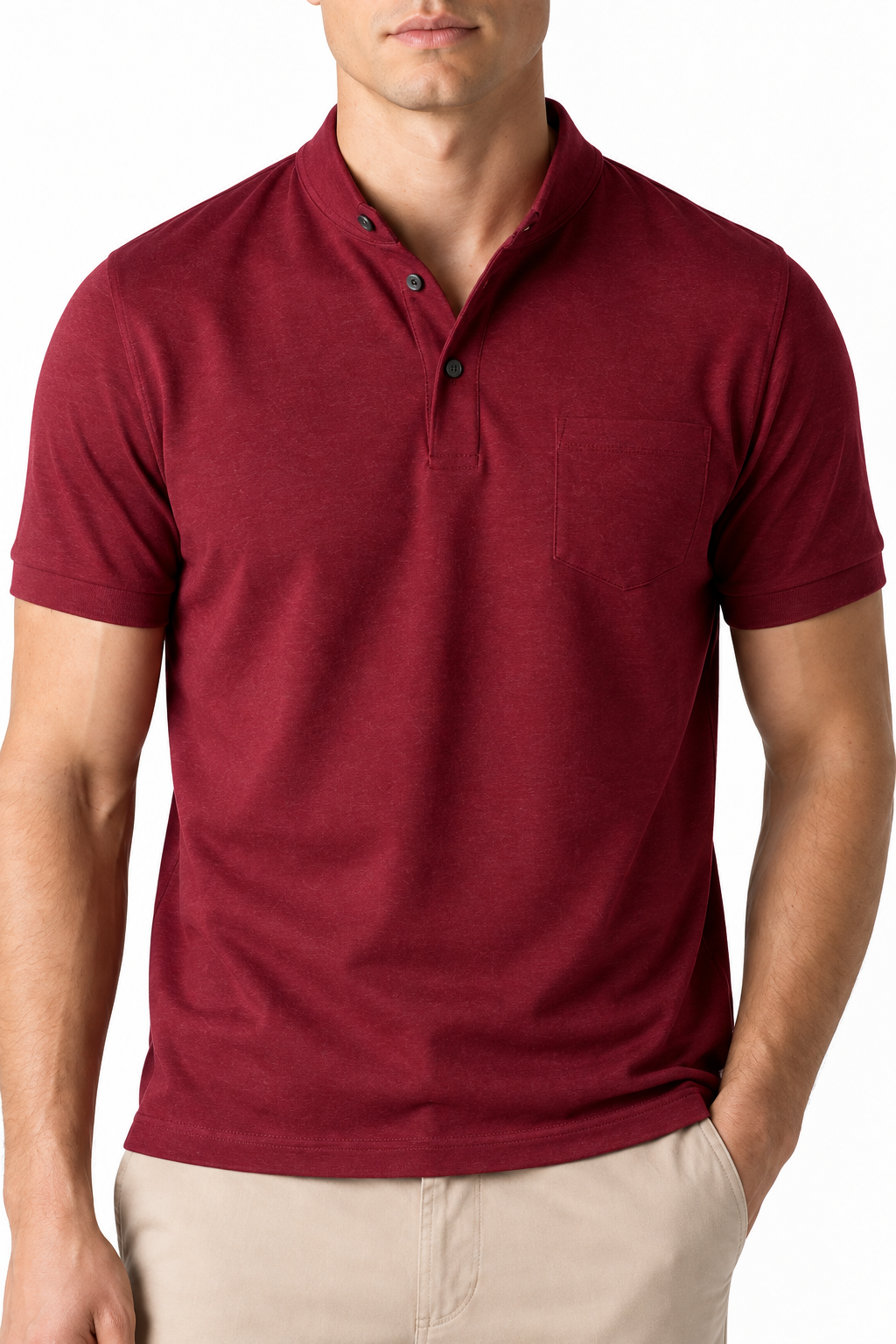 Ventorino Men's Polo Shirt Chest Pocket Sleek Fit | Ventorino in Wine Red — garment and fabric detail