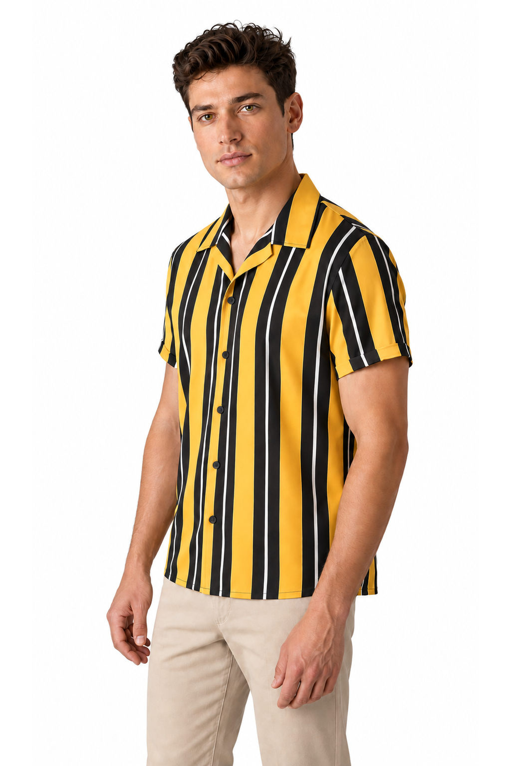 Men's yellow striped camp-collar shirt on Ventorino model, three-quarter view