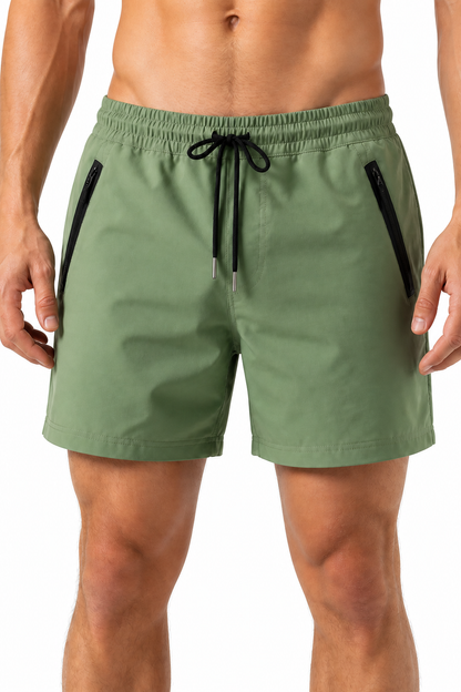 Men's Performance Shorts Lightweight Fabric Flexible Fit, Army Green, fabric close-up