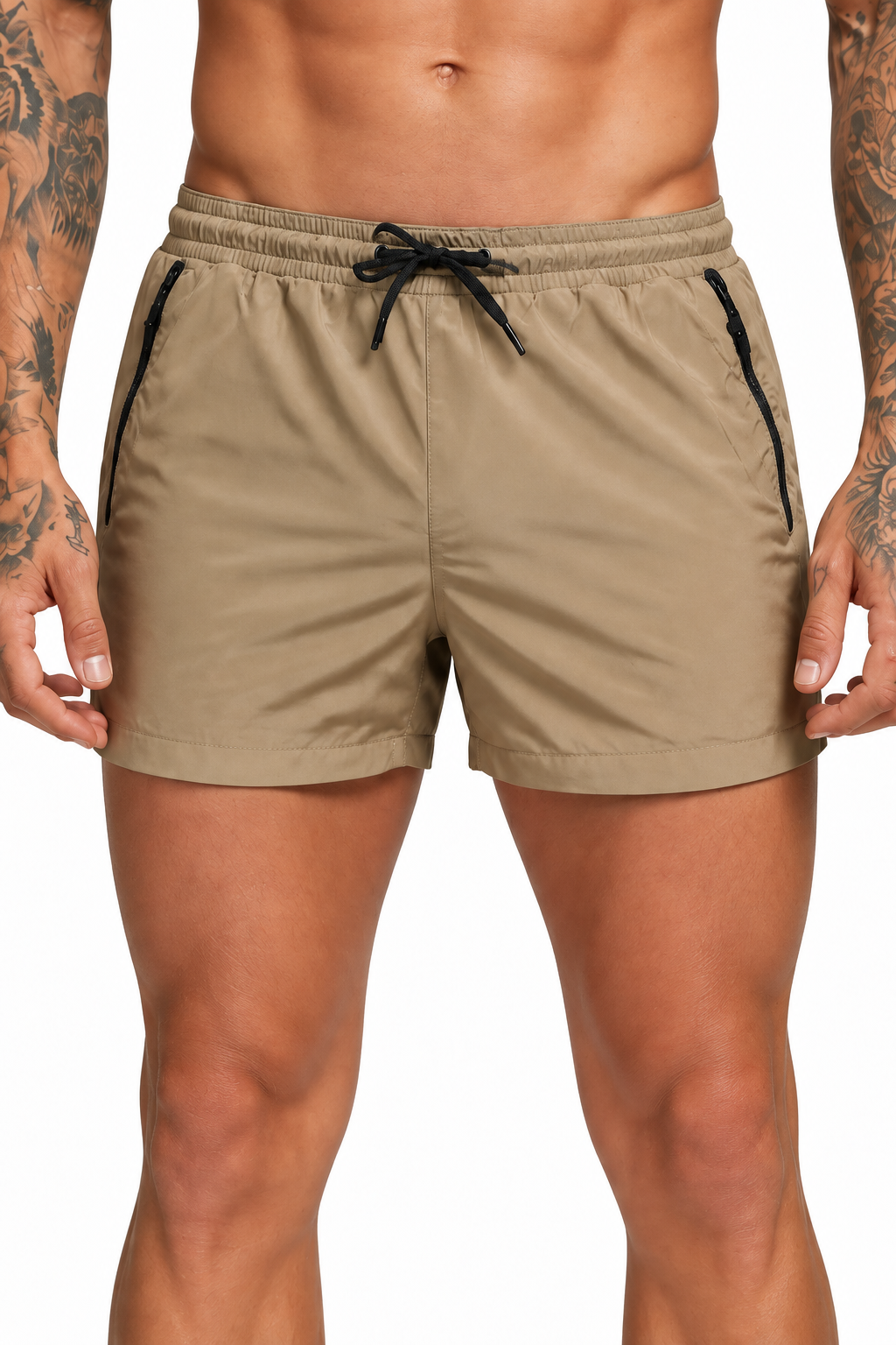 Men's Performance Shorts Lightweight Fabric Flexible Fit, Khaki, fabric close-up